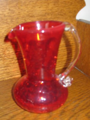 Crackle Glass Pitcher Red / Orange With Clear Applied Handle Hand Blown