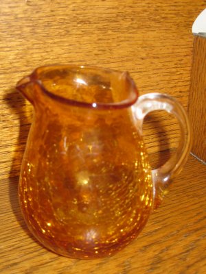 Crackle Glass Pitcher Amber / Gold Unique Shape With Clear Applied Handle Hand Blown