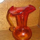 Wide Flute Pitcher Red / Orange  With Clear Applied Yellow Handle Hand Blown