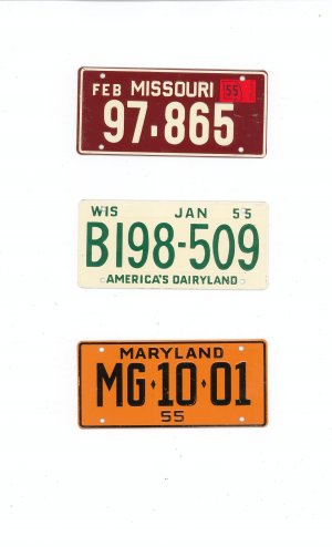 Lot Of 3 1955 License Plates Miniature Missouri Wisconsin Maryland General Mills