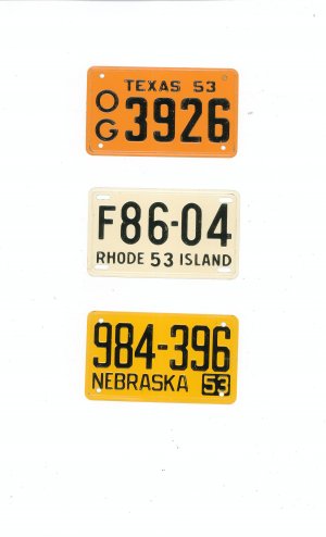 Lot Of 3 1953 License Plates Miniature Texas Rhode Island Nebraska General Mills