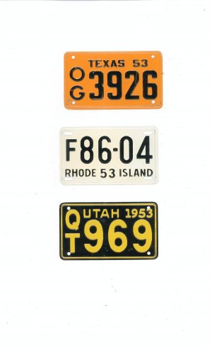 Lot Of 3 1953 License Plates Miniature Utah Rhode Island Texas General Mills