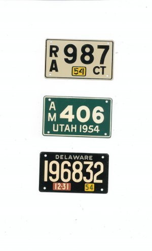 Lot Of 3 1954 License Plates Miniature Connecticut Utah Delaware General Mills