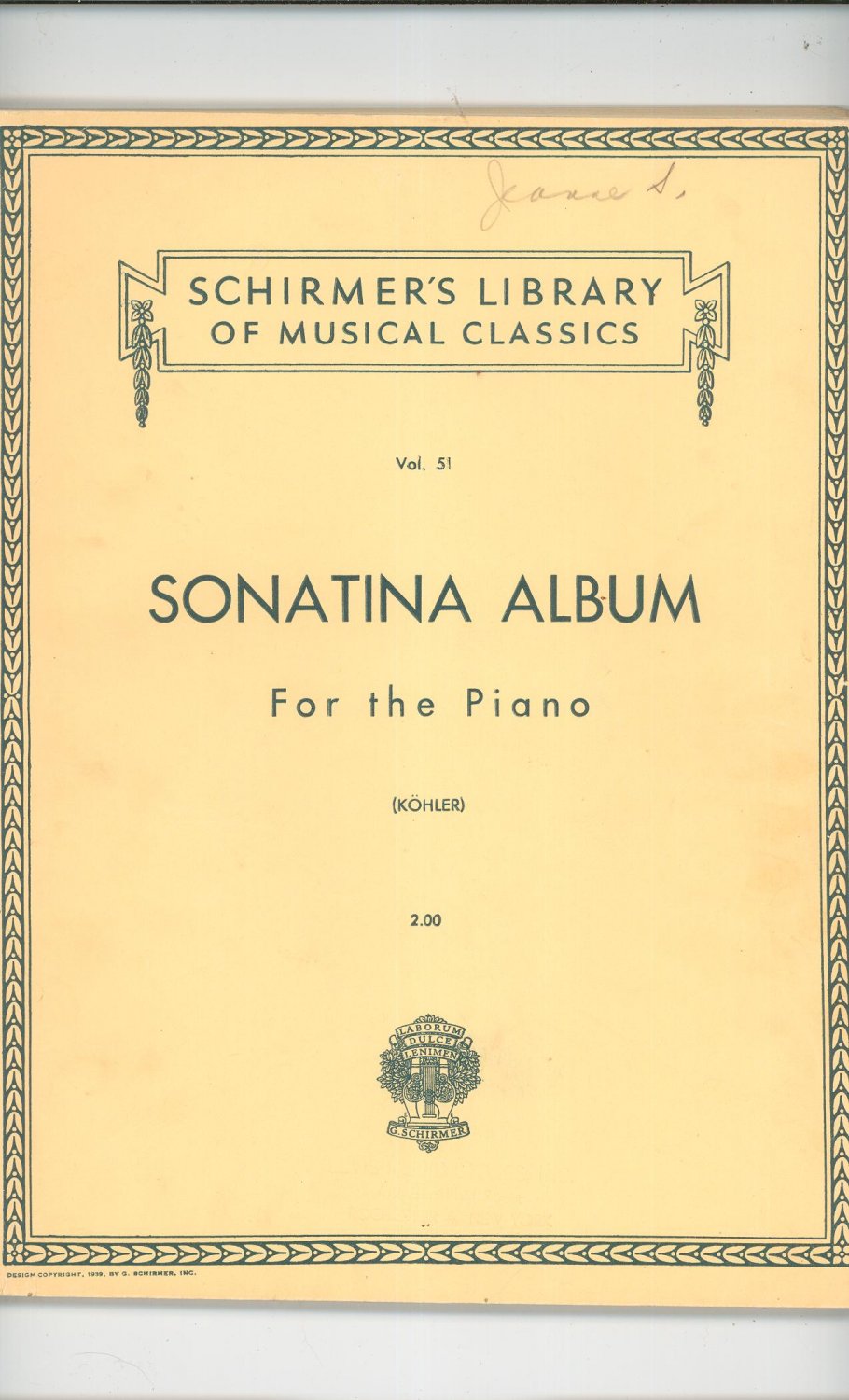 Sonatina Album For The Piano Music Book By G. Schirmer Volume 51