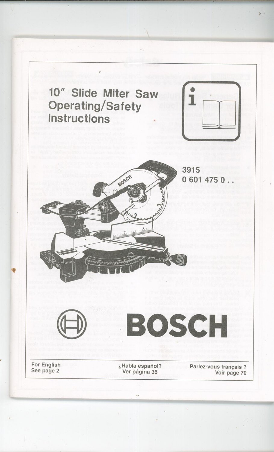 Bosch Slide Miter Saw Owners Manual 3915 0 601 475 0