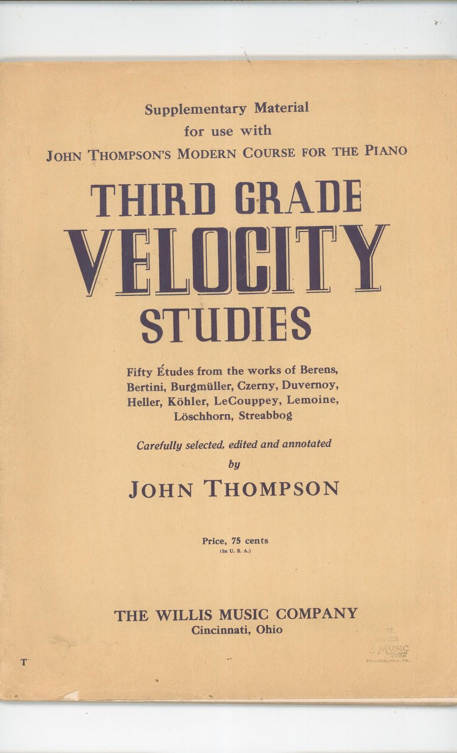 Third Grade Velocity Studies Music Book Vintage John