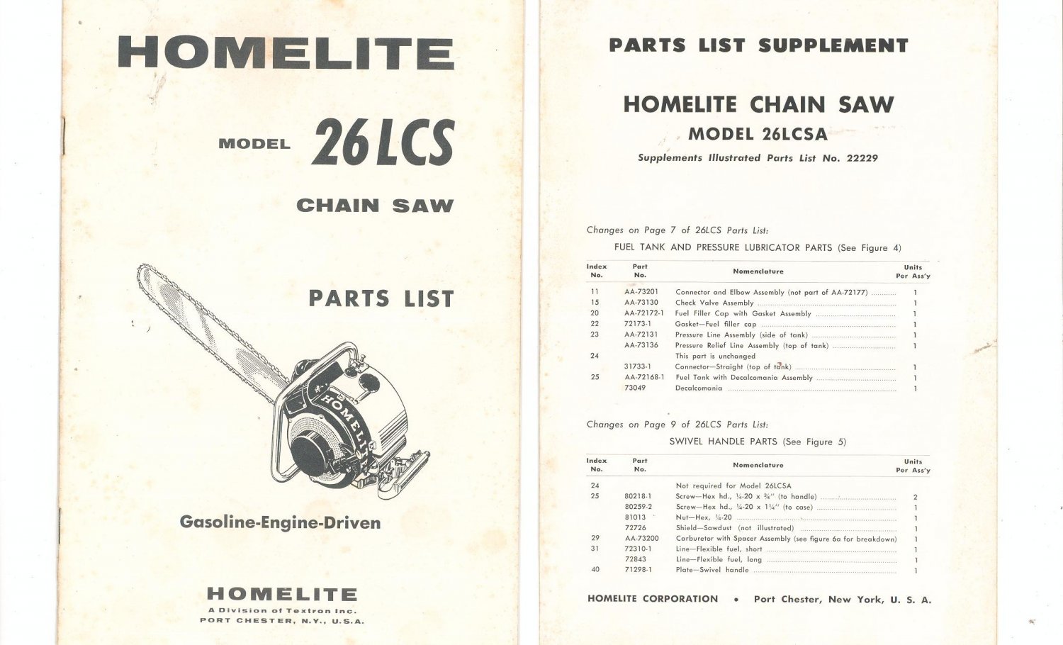 Vintage Homelite Model 26LCS Chain Saw Parts List With Supplement