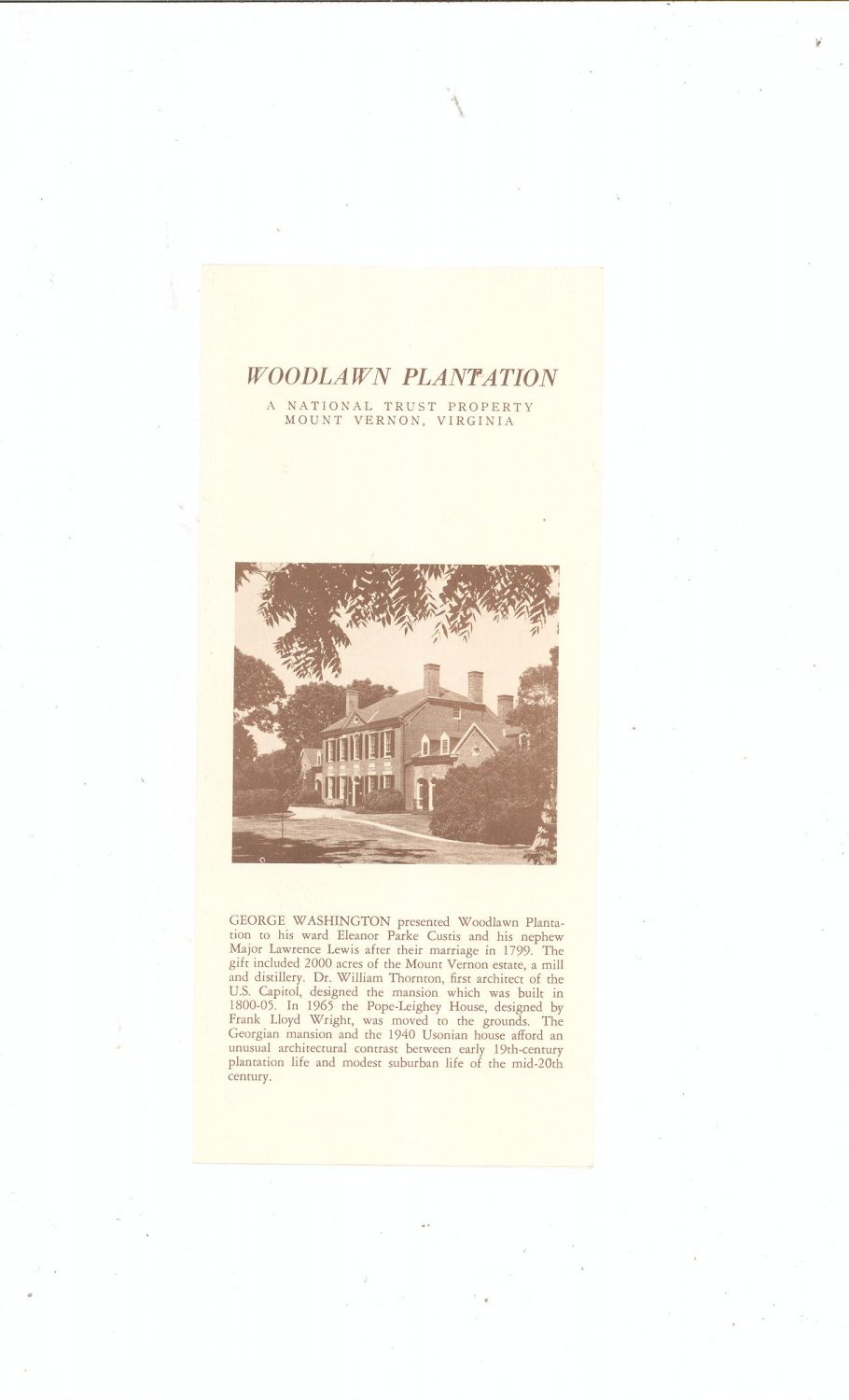 Woodlawn Plantation Vintage Brochure Mount Vernon Virginia