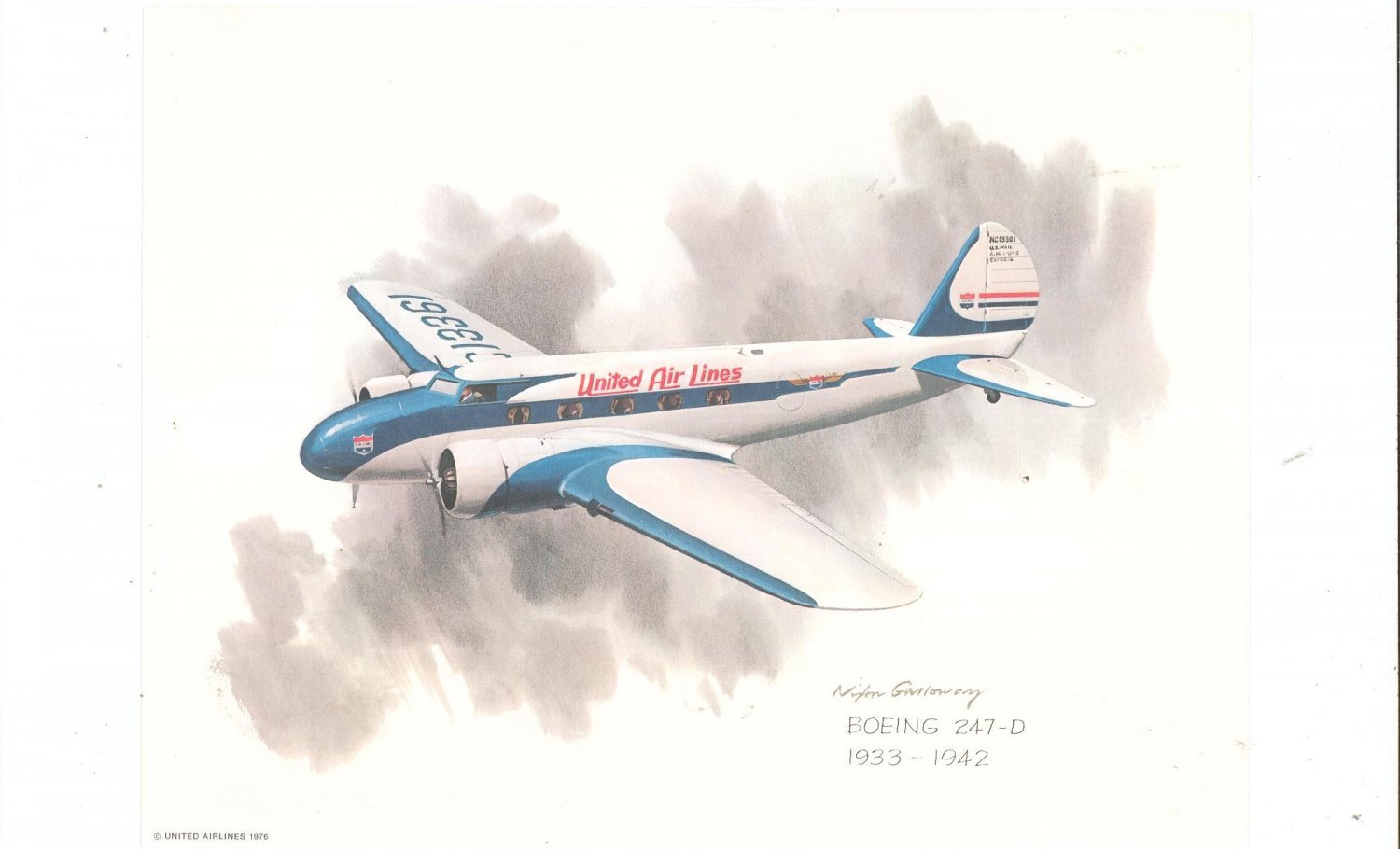 Vintage Boeing 247 D Airplane Print United Airlines Collector Series 1976