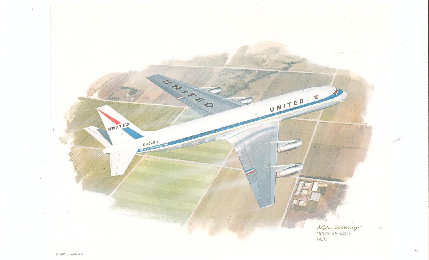 Vintage McDonnell Douglas DC-8 Airplane Print United Airlines Collector Series 1980