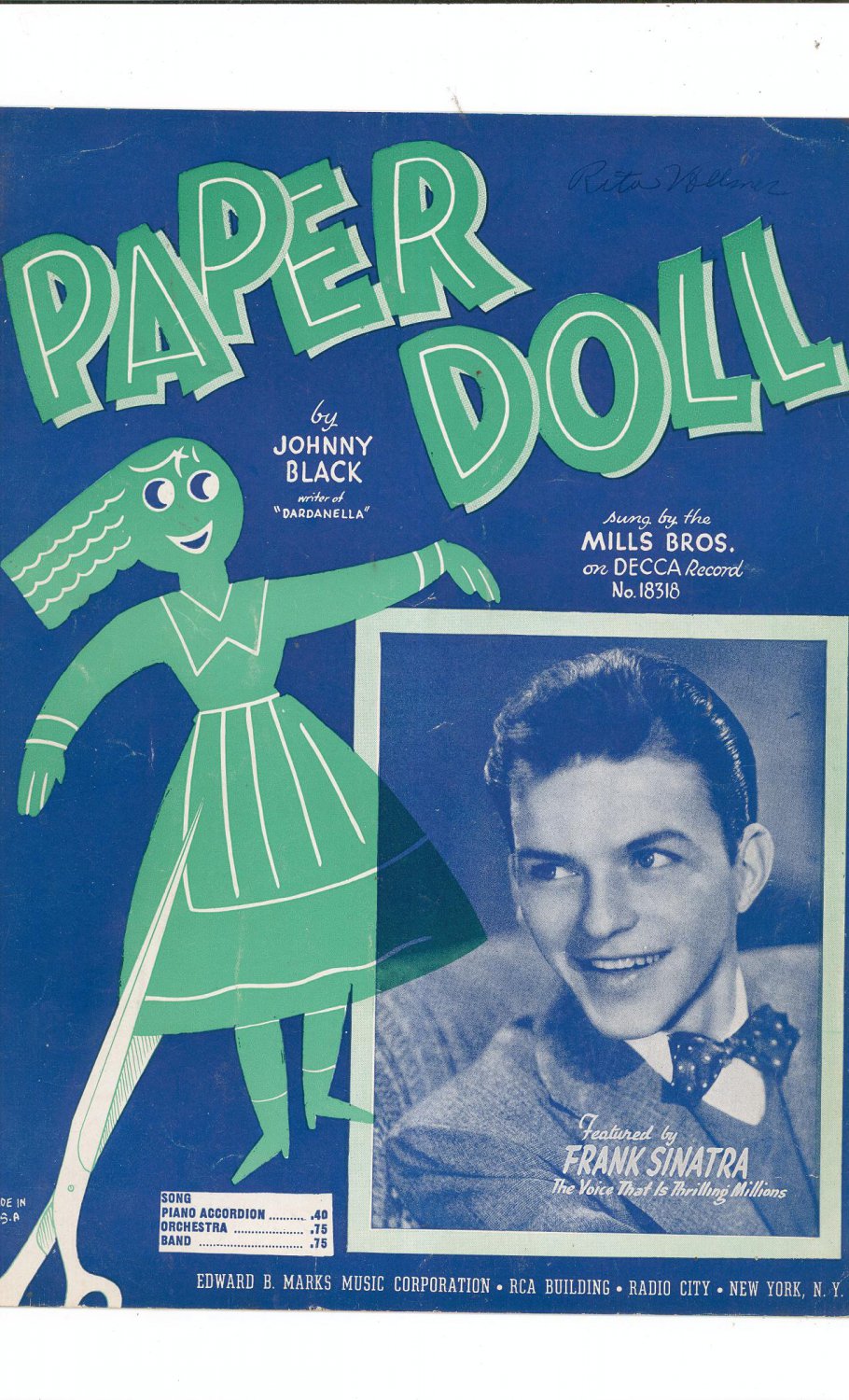 Paper Doll by Johnny Black Sheet Music Vintage