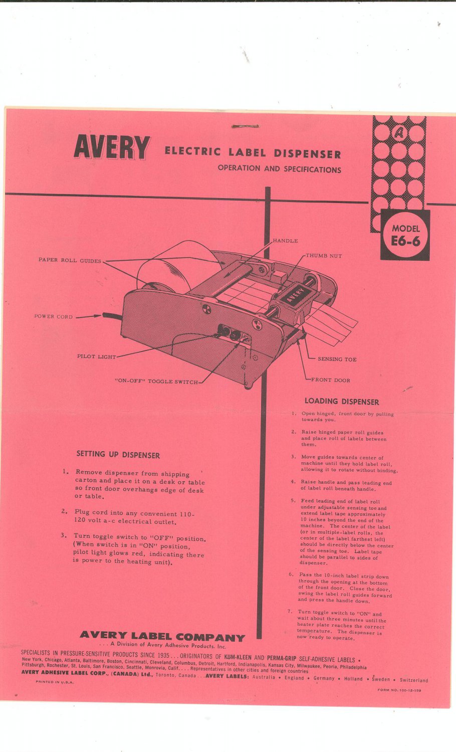 Avery Electric Label Dispenser Model E66 Instruction Sheet With Parts
