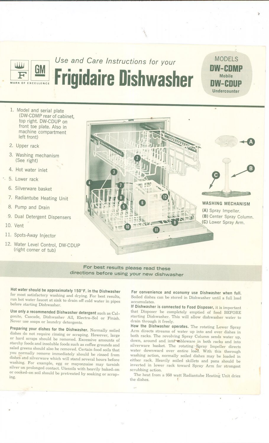 Vintage Frigidaire Dishwasher Instruction Brochure Model DWCDMP & DWCDUP