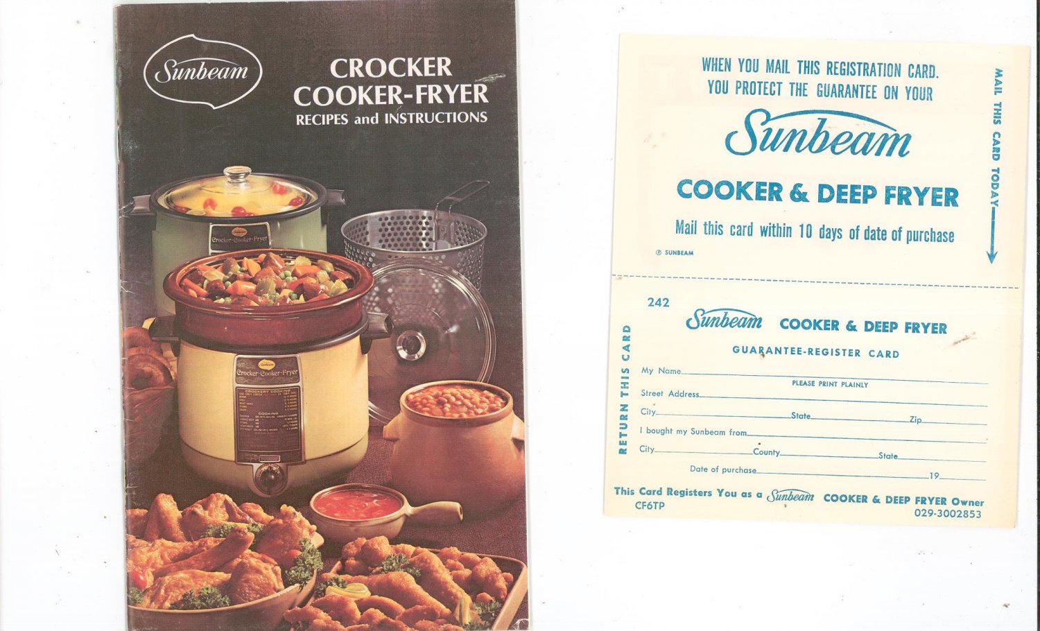 Sunbeam Crocker Cooker Fryer Recipe And Instruction Cookbook Vintage With Warranty Card 2101