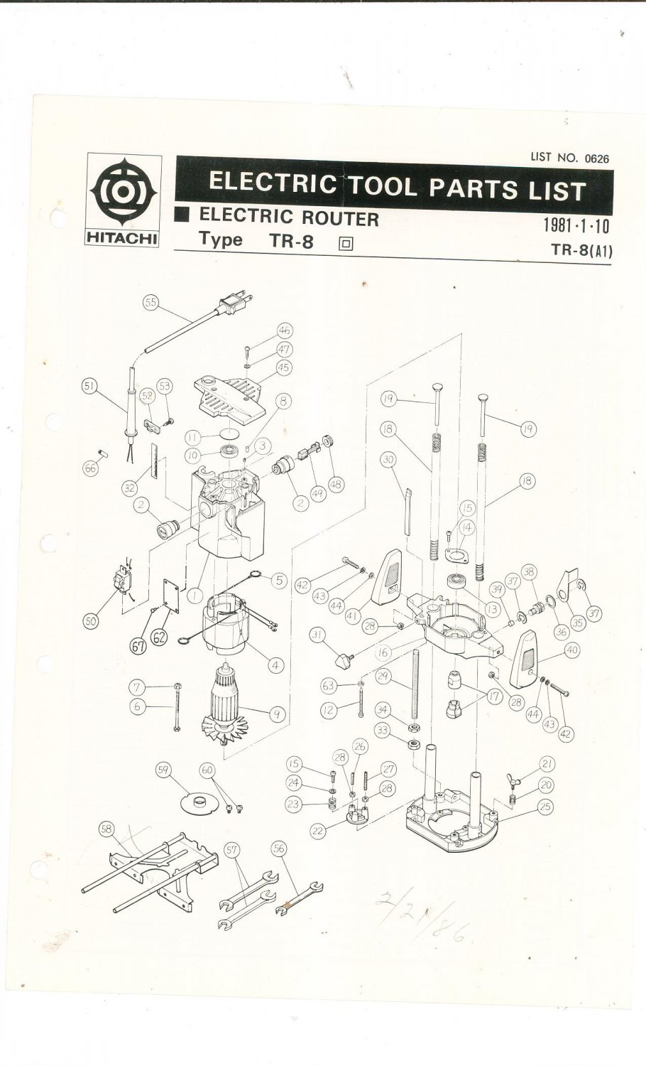 Hitachi Electric Router Type TR8 Parts List