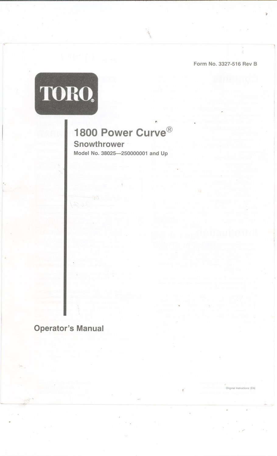 Toro 1800 Power Curve Snowthrower Instructions / Manual Not PDF