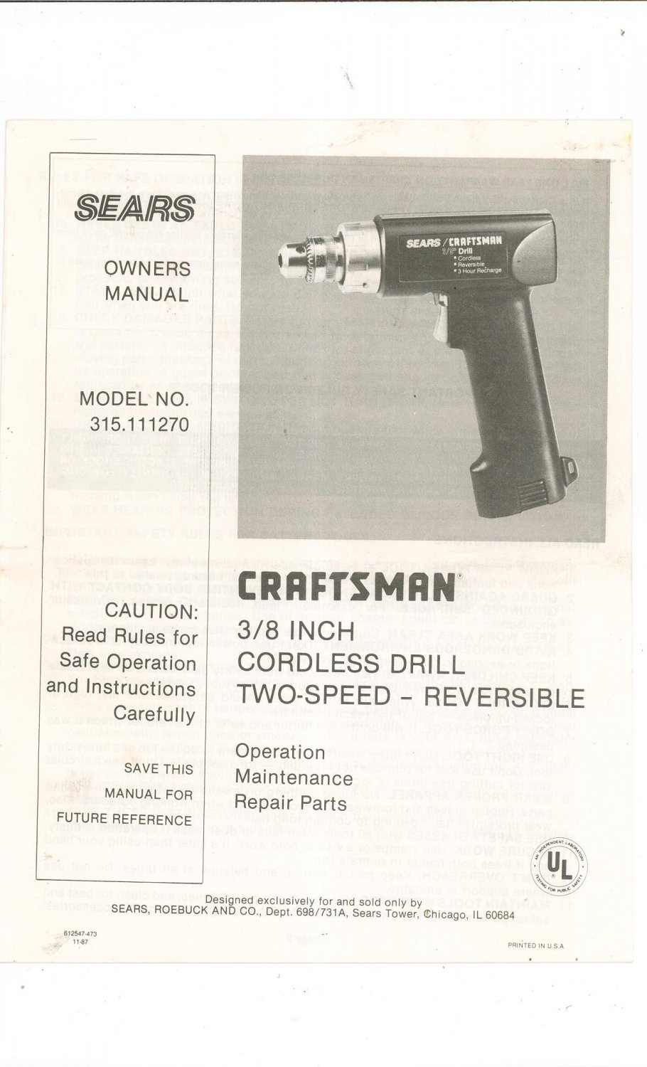 Craftsman Two Speed Cordless 3/8 In. Cordless Drill Model 315.111270