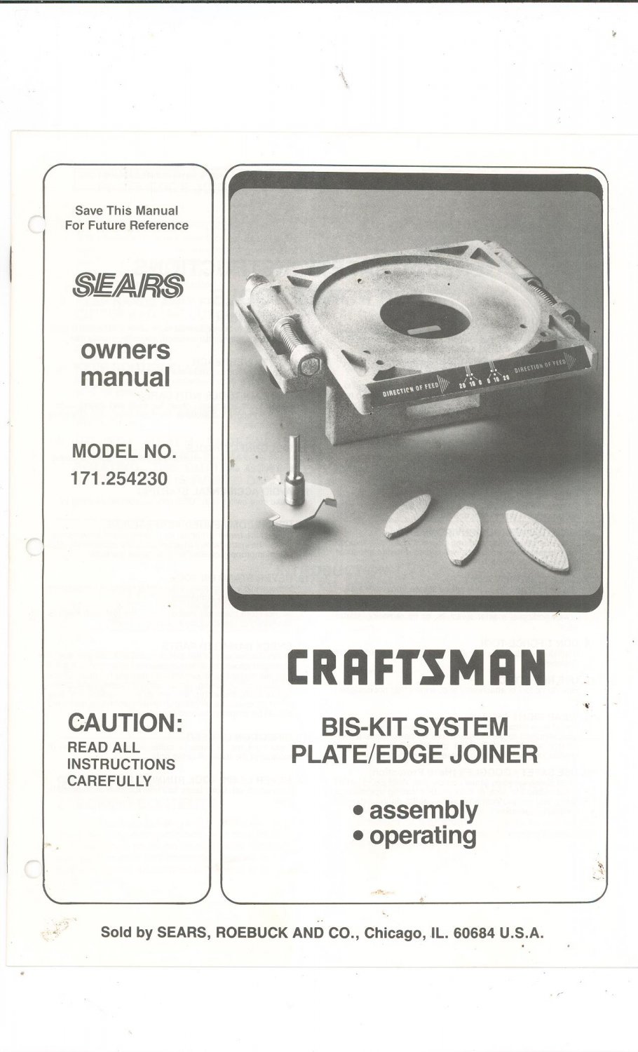 Sears Craftsman Bis Kit System Plate Edge Joiner Model 171 254230 Owners Manual
