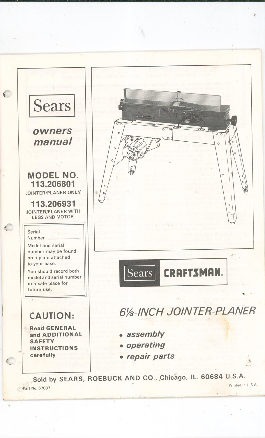 Craftsman jointer planer 149.236220 manual instructions