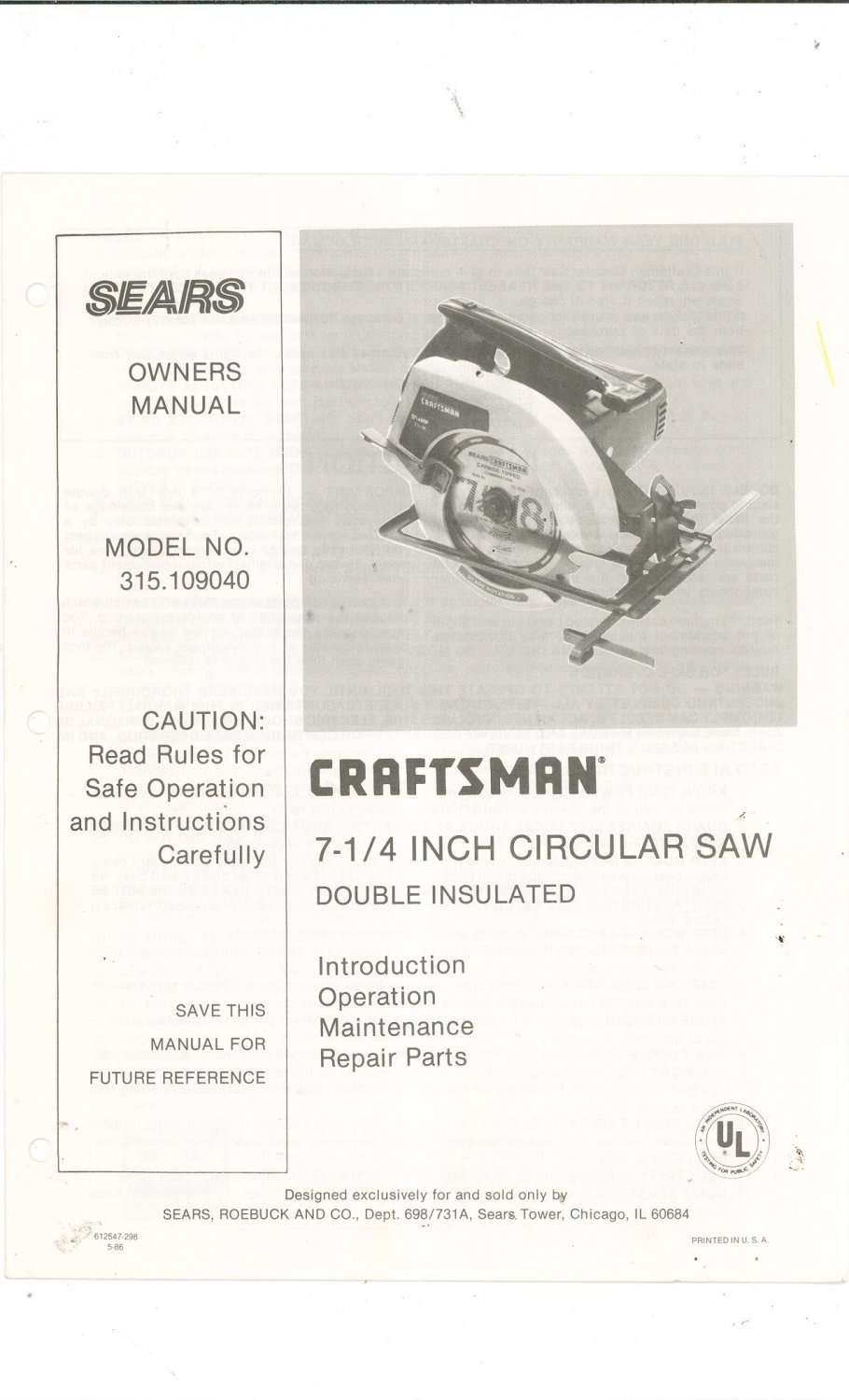 Craftsman Circular Saw - Model 315 Manual