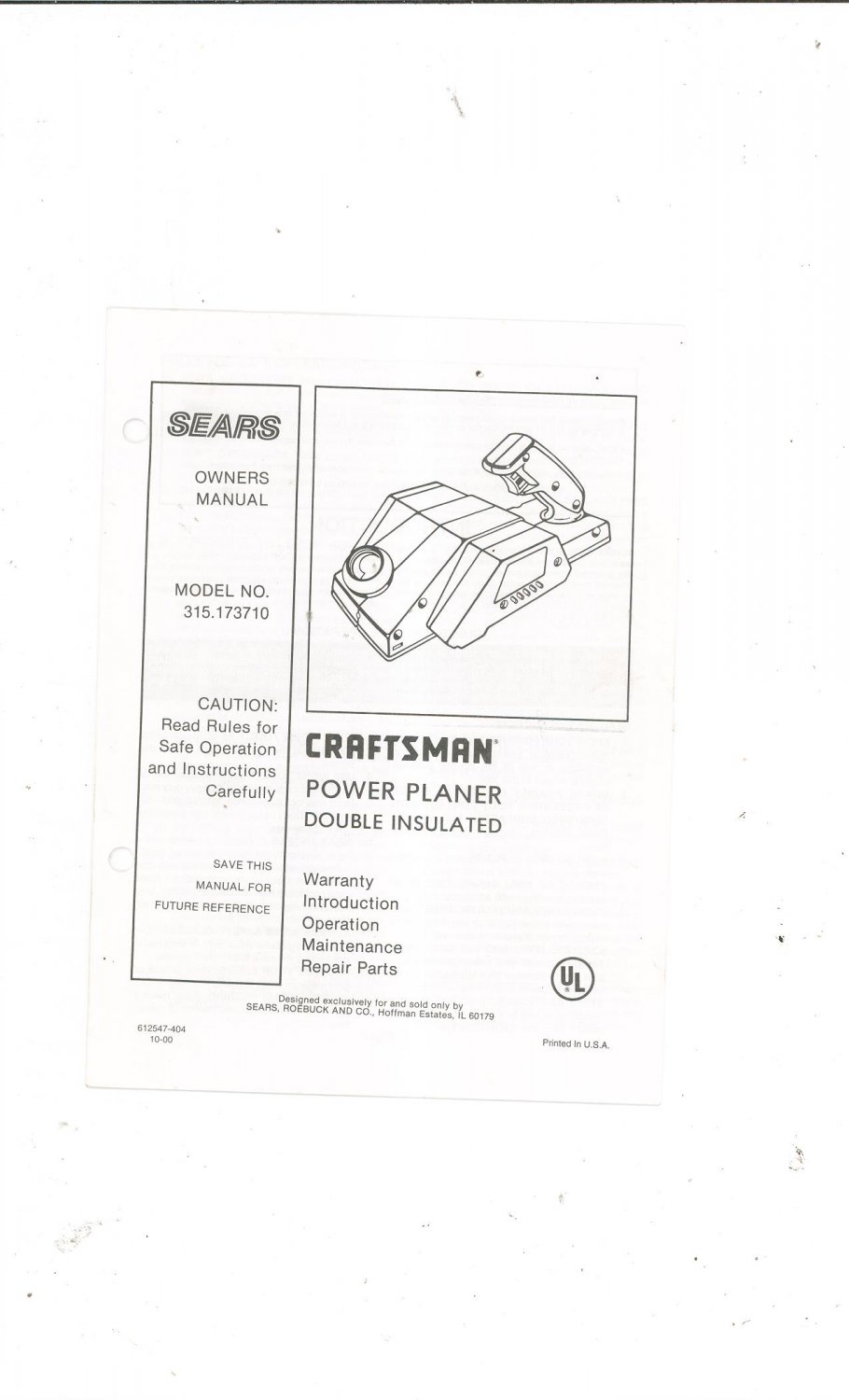 Sears Craftsman Power Planer Model 315 173710 Owners Manual