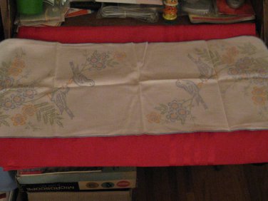 Vintage All Cotton Embroidery Table Runner Bird And Flowers Not Worked