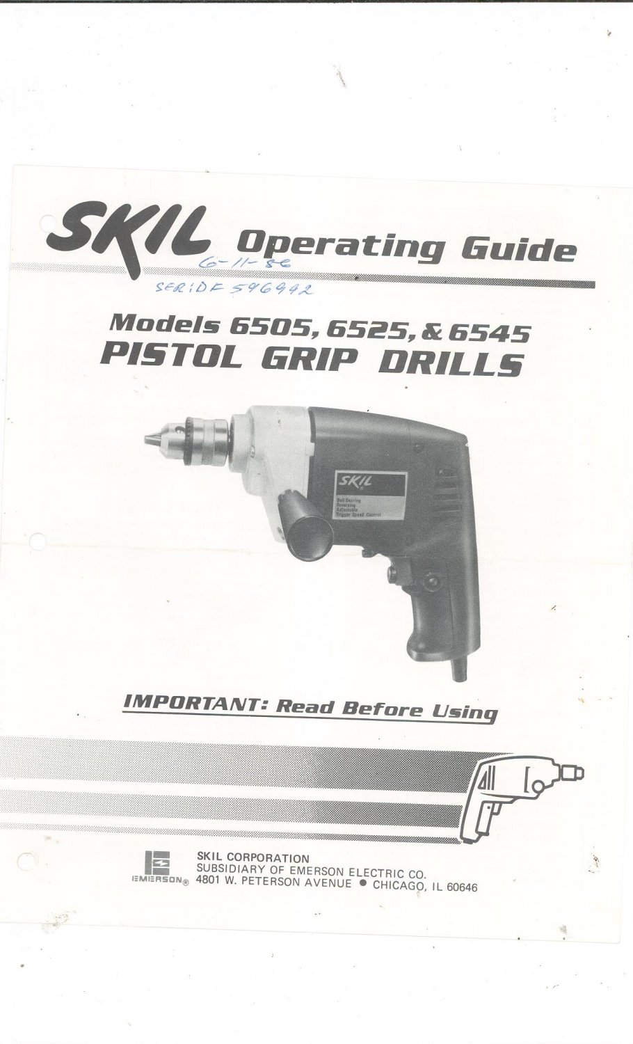 Skil Operating Guide Pistol Grip Drill Model 6505 6525 6545 Manual With