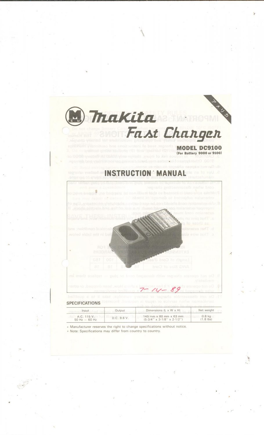 Makita Fast Charger Model DC9100 Instruction Manual Not PDF