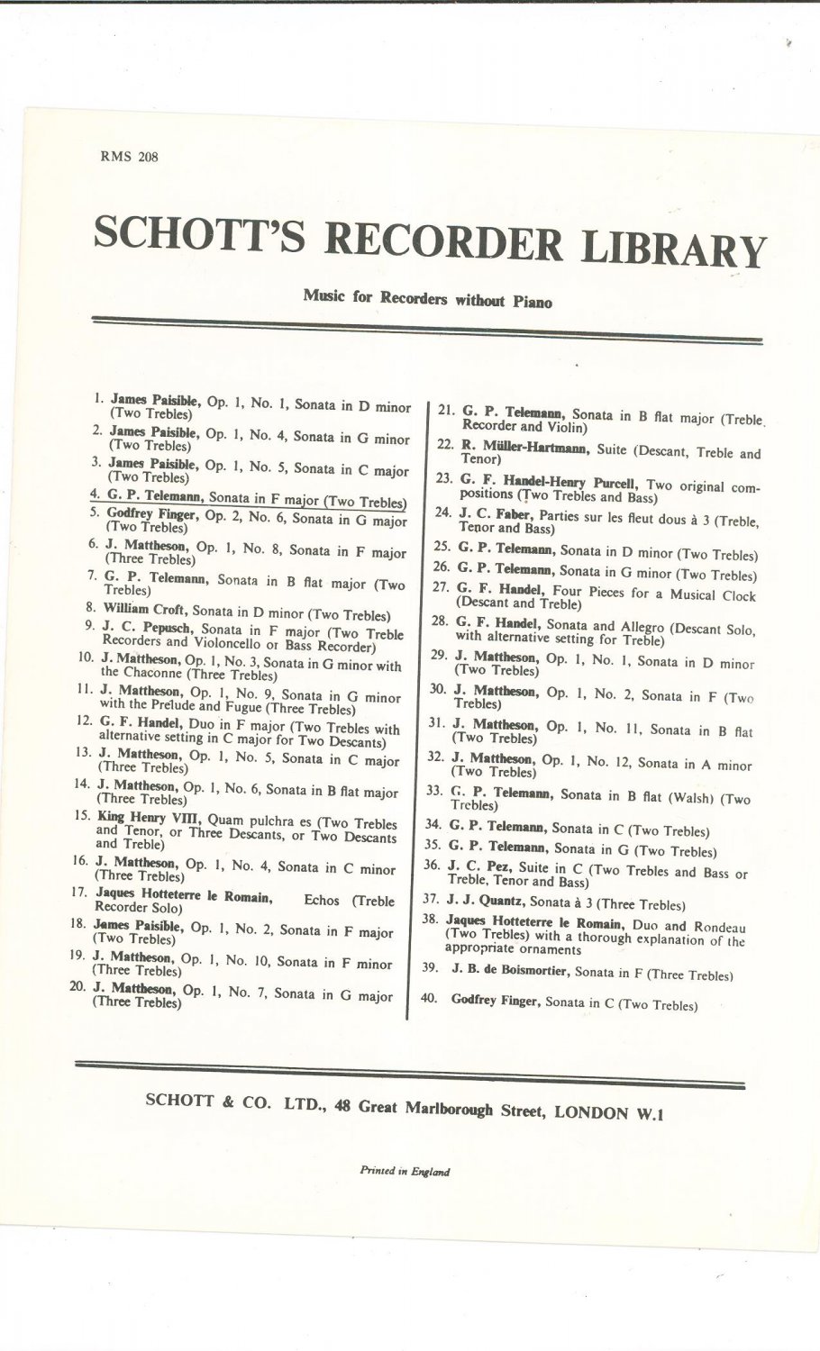 Schott's Recorder Library Sonata In F Major Telemann Sheet Music