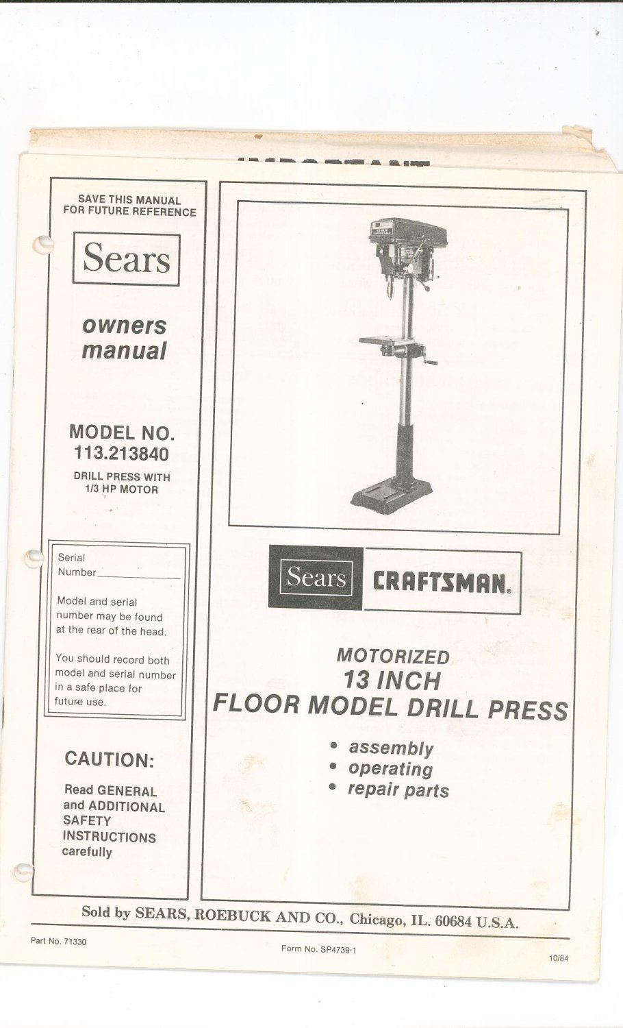 Sears Craftsman 13 Inch Floor Model Drill Press Owners Manual 113213840 Not Pdf