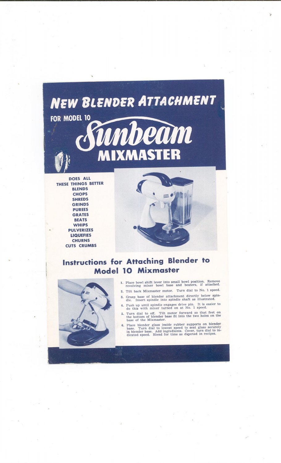 Vintage Sunbeam Mixmaster Model 10 Blender Attachment Manual & Cookbook