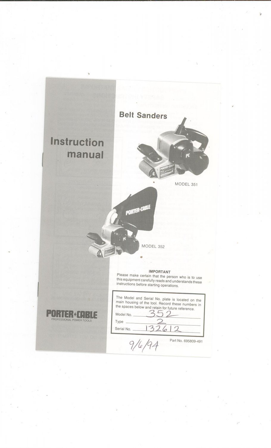 Porter Cable Belt Sander Model 351 & 352 Owners Manual With Parts List