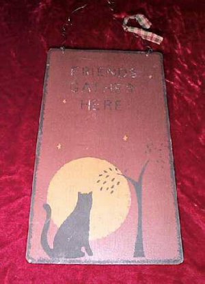 Hand Painted Wooden Cat  Decor Friends Gather Here