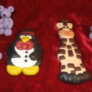 Lot 6 Hand Crafted Clay Bear Giraffe Penguin Folk Art