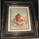 Vintage Hong Kong Macau Junk Boat Framed Oil Painting Kwok