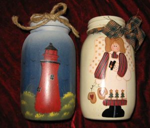 2 Crazy Mountain Hand Painted Glass Jar Candle Holder