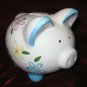 Small Cute Ceramic Piggy Bank Floral White Blue