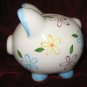 Small Cute Ceramic Piggy Bank Floral White Blue