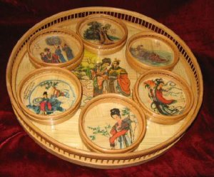 Vintage 7pc Bamboo Chinese Serving Tray Coasters Set