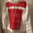 Embellished White Denim Jean Jacket with Red Lace Size 3X UPCYCLED
