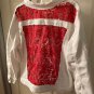 Embellished White Denim Jean Jacket with Red Lace Size 3X UPCYCLED