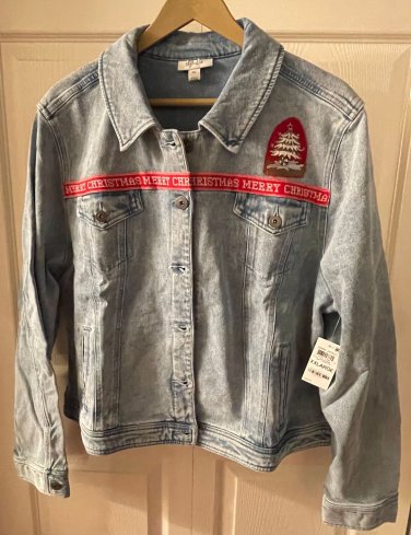 Embellished Denim Jacket Christmas Design Size XXL Handmade Upcycled