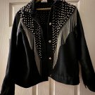Black Denim Jean Jacket Upcycled Fringe lined Cuffs Size Large