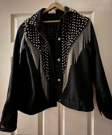 Black Denim Jean Jacket Upcycled Fringe lined Cuffs Size Large