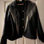 Black Denim Jean Jacket Upcycled Fringe lined Cuffs Size Large
