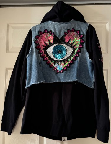 Evil Eye Hoodie Denim Jacket Upcycled Rework Embellished Size XL
