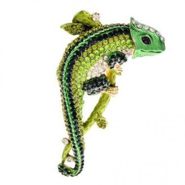 Brooch Pin - Animal - Lizard Large Green with Rhinestones