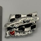 Brooch Pin - Racecar with Flag "I heart RACING"