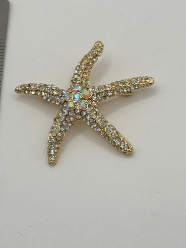 Brooch Pin - Starfish Gold Toned Metal with Rhinestones