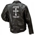 Leather Motorcycle Jacket with Christian Patches-XLarge
